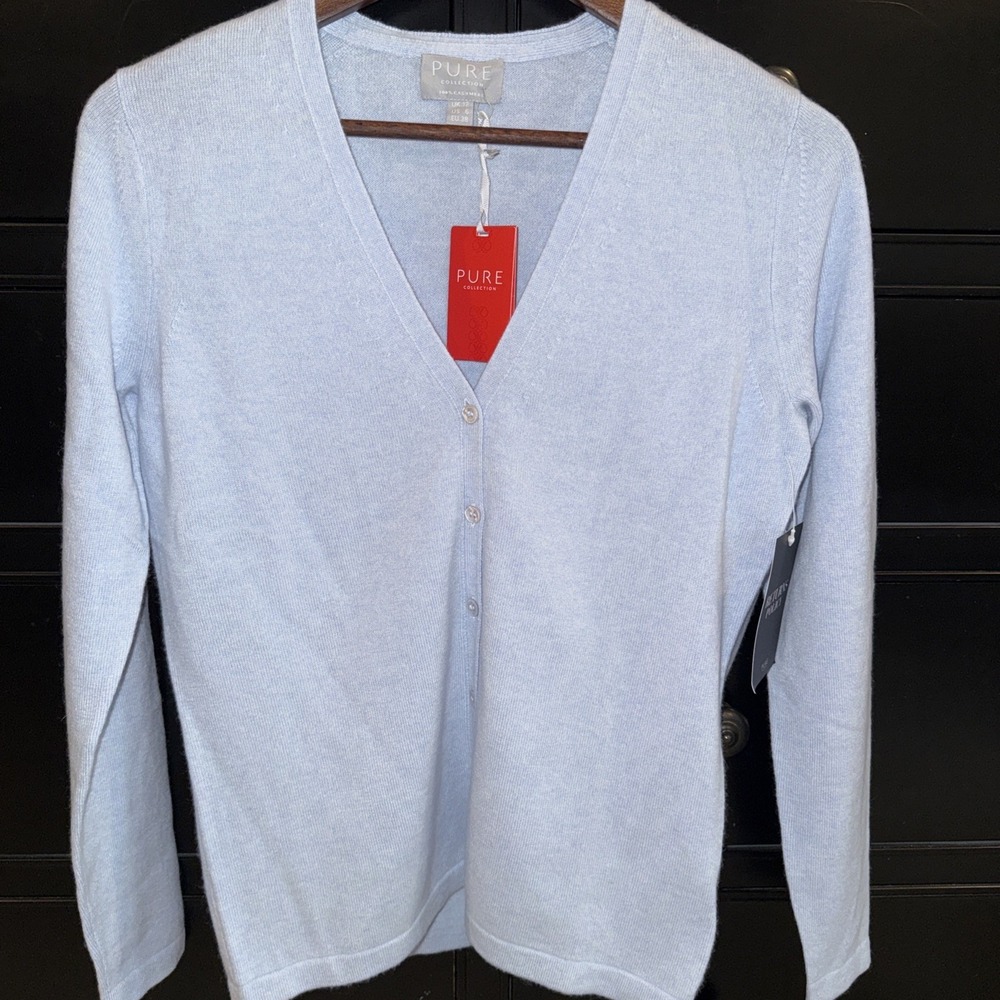 Pure‎ Collection Women's V Neck Cashmere Cardigan Size 6 Heather Sky Blue NWT